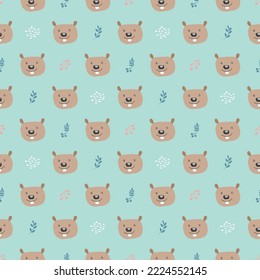 Cute Beaver Seamless pattern. Cartoon Animals in forest background. Vector illustration.