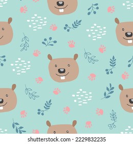 Cute Beaver Seamless pattern. Cartoon Animals in forest background. Vector illustration.