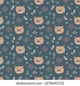 Cute Beaver Seamless pattern. Cartoon Animals in forest background. Vector illustration.