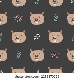 Cute Beaver Seamless pattern. Cartoon Animals in forest background. Vector illustration.