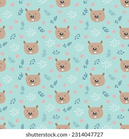 Cute Beaver Seamless pattern. Cartoon Animals in forest background. Vector illustration.