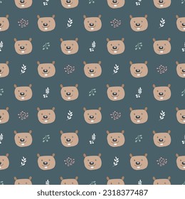 Cute Beaver Seamless pattern. Cartoon Animals in forest background. Vector illustration.