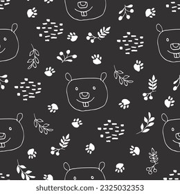 Cute Beaver Seamless pattern. Cartoon Animals in forest background. Vector illustration.