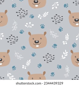 Cute Beaver Seamless pattern. Cartoon Animals in forest background. Vector illustration.