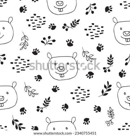 Cute Beaver Seamless pattern. Cartoon Animals in forest background. Vector illustration.