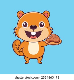 Cute Beaver serving Food Adorable Chef vector Icon Illustration. 