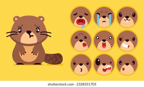 Cuto castor, conjunto de emociones animales, pequeño castor con la coloración de los emojis, durmiendo, llorando, triste, aburrido, feliz, emocionado, adorable, sorprendido, descuidado, confiado, aterrorizado, atónito avatar del vector Flat