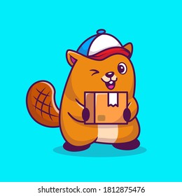 Cute Beaver Shipping Package Cartoon Vector Icon Illustration. Animal Business Icon Concept Isolated Premium Vector. Flat Cartoon Style