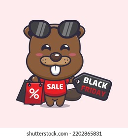 cute beaver with shopping bag in black friday cartoon illustration