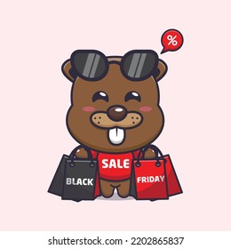 cute beaver shopping in black friday cartoon illustration