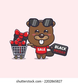 cute beaver with shopping cart in black friday cartoon illustration