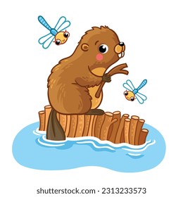 Cute beaver sits on a dam with a stick. Beautiful vector illustration with a mammal animal in a cartoon style.