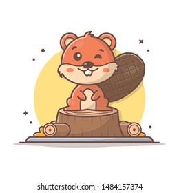 Cute Beaver Sitting Wood Cartoon Vector Icon Illustration. Animal Wildlife Icon Concept Isolated Premium Vector. Flat Cartoon Style