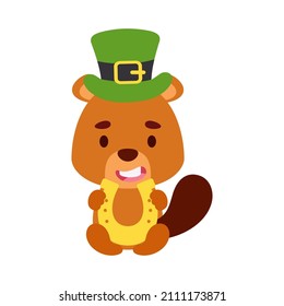 Cute beaver St. Patrick's Day leprechaun hat holds horseshoe. Irish holiday folklore theme. Cartoon design for cards, decor, shirt, invitation. Vector stock illustration.