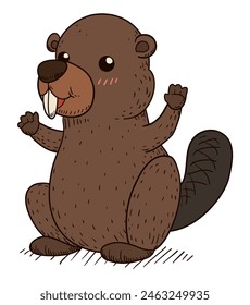 Cute beaver standing with hands up waving you in doodle style.