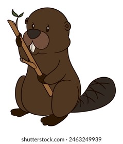 Cute beaver standing and holding a branch with leaves. Design in cartoon style and white background.