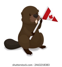 Cute beaver standing and holding a patriotic pennant with Canada design.