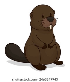 Cute beaver in standing position. Design in cartoon style on white background.