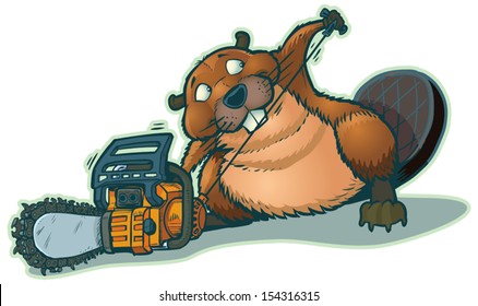 A cute beaver starting a chainsaw. He looks a little guilty to be "cheating" in this way. This cartoon illustration is vector clip art.