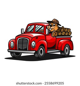 cute beaver truck cartoon illustration