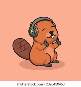Cute beaver using headset illustration