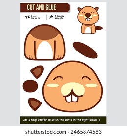 Cute beaver vector illustration for kids educational cut and glue paper game