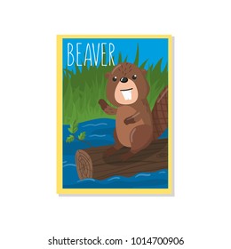 Cute beaver vector illustration with woodland animal, design element for banner, flyer, placard, greeting card, cartoon style