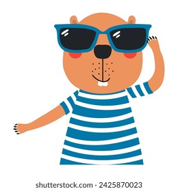 Cute beaver wearing sunglasses and swimsuit cartoon character illustration. Hand drawn Scandinavian style flat design, isolated vector. Kids summer print element, animal on holidays, vacations, beach