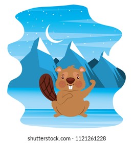 cute beaver in winter landscape