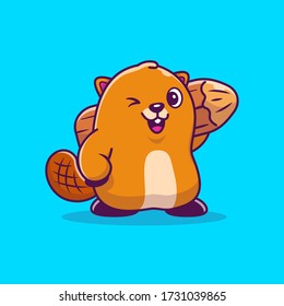 Cute Beaver With Wood Cartoon Vector Icon Illustration. Animal Icon Concept Isolated Premium Vector. Flat Cartoon Style 