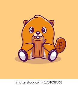 Cute Beaver With Wood Cartoon Vector Icon Illustration. Animal Icon Concept Isolated Premium Vector. Flat Cartoon Style 