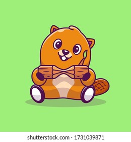 Cute Beaver With Wood Cartoon Vector Icon Illustration. Animal Icon Concept Isolated Premium Vector. Flat Cartoon Style 