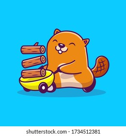 Cute Beaver With Wood Cartoon Vector Icon Illustration. Animal Icon Concept Isolated Premium Vector. Flat Cartoon Style 