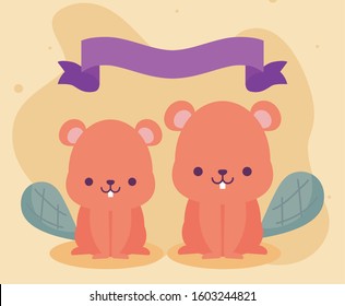 Cute beavers cartoons design, Animals zoo life nature character childhood and adorable theme Vector illustration