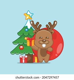 Cute beavers in christmas day carrying gift. Cute christmas cartoon illustration