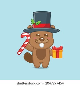 Cute beavers in christmas day holding christmas gift and candy. Cute christmas cartoon illustration