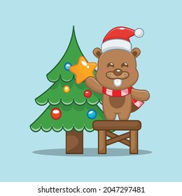 Cute beavers with christmas tree in christmas day. Cute christmas cartoon illustration