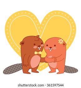 Cute beavers couple on white background greeting card