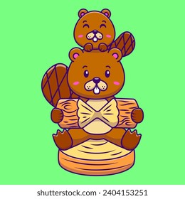 Cute Beavers Eating a Wood Log Cartoon Vector Icons Illustration. Flat Cartoon Concept. Suitable for any creative project.