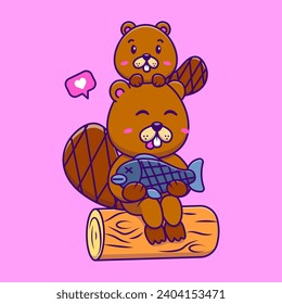 Cute Beavers Holding a Fish Cartoon Vector Icons Illustration. Flat Cartoon Concept. Suitable for any creative project.