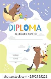 cute beavers, music diploma, music, notes, beaver, play saxophone, best child, graduate certificate, learning, kids club, beaver catches star, luck, moon, night, summer, graduation