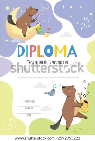 cute beavers, music diploma, music, notes, beaver, play saxophone, best child, graduate certificate, learning, kids club, beaver catches star, luck, moon, night, summer, graduation