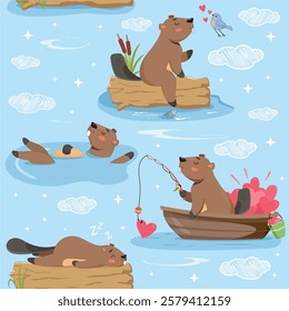 cute beavers, beavers on water, beavers seamless background, background for kids, children's, set of animals, rodent