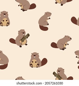 Cute beavers seamless pattern for kids. Vector illustration.