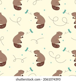 Cute beavers seamless pattern for kids. Vector background. Baby print