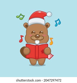 Cute beavers sing a christmas song. Cute christmas cartoon illustration