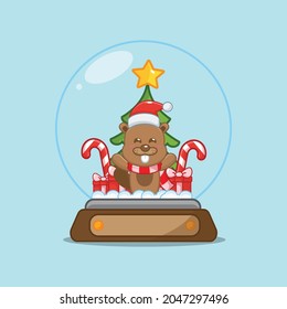 Cute beavers in snow globe. Cute christmas cartoon illustration