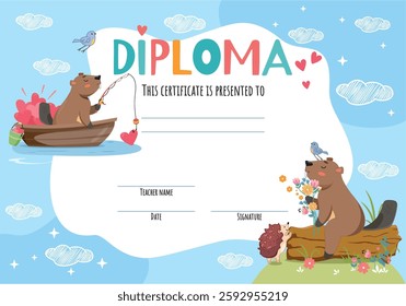 cute beavers, spring, flowers, beaver, fisherman, award a child, best child, certificate graduate, education, club children, beaver catches heart, luck, boat, warm, summer, graduation, hedgehog