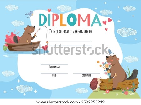 cute beavers, spring, flowers, beaver, fisherman, award a child, best child, certificate graduate, education, club children, beaver catches heart, luck, boat, warm, summer, graduation, hedgehog