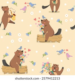 cute beavers, beavers in spring, beavers seamless background, background for kids, children's, animal set, rodent, summer background, spring, feminine, girl, gentle background